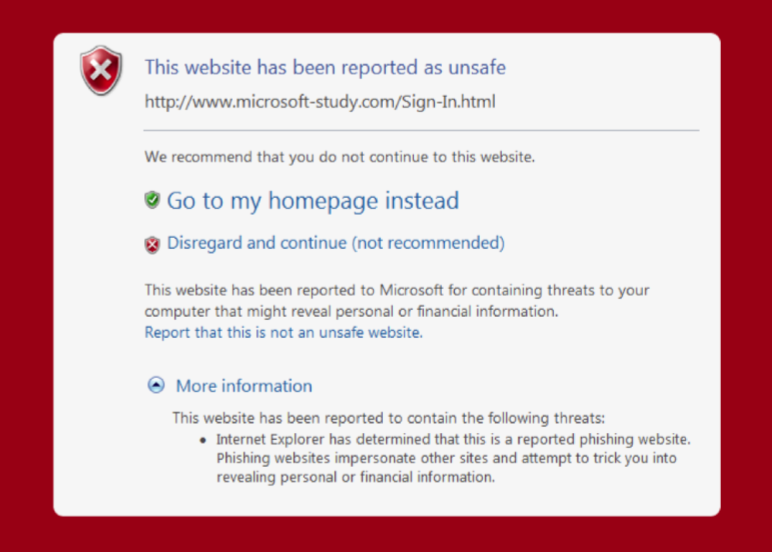 The warning on the right, from IE8, appears when a user visits a suspected phishing website. The recommended option is annotated with a green icon and is larger than the option that is not recommended.